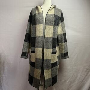 Cabincore Monteau Hooded Cardigan Black Cream Plaid Long Knit Coatigan L